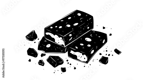 Block of hard nougat segmented into pieces, revealing solid texture and scattered nuts, vector illustration art
