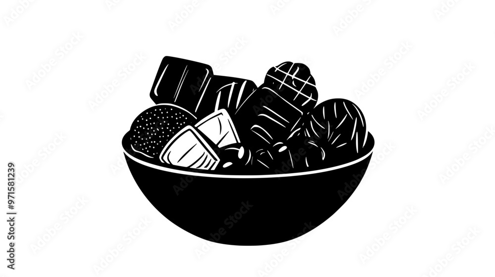 Bowl filled with assorted sweet candies, including chocolate and fruit-flavored options, vector illustration art Bowl filled with assorted sweet candies, including chocolate and fruit-flavored options, vector illustration art
