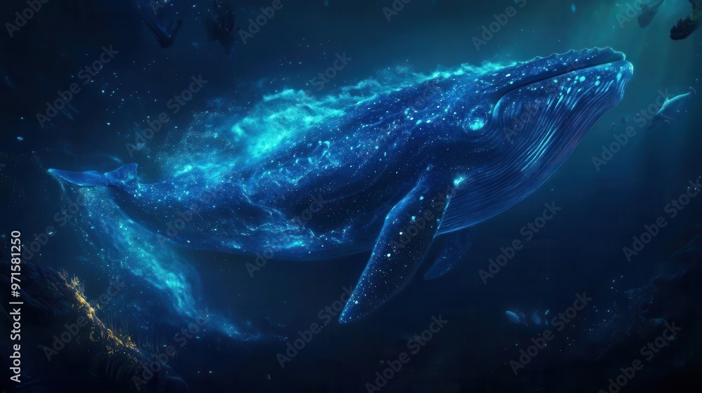 Fototapeta premium colossal bioluminescent whale emerging from inky depths its ethereal glow illuminating an underwater world teeming with fantastical sea creatures and swirling currents