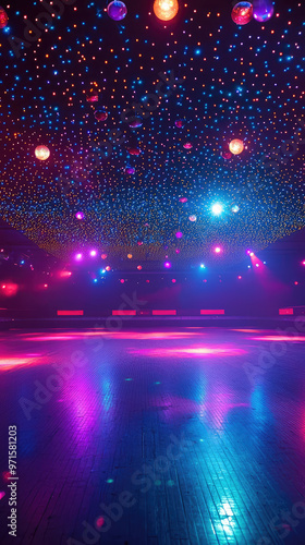 A vibrant roller rink with disco lights creates lively atmosphere