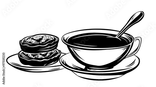 A bowl of caramel sauce with a spoon, set beside a plate of pastries, vector illustration art