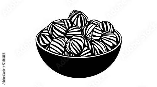 Bowl filled with individually wrapped butterscotch candies on a wooden table, vector illustration art