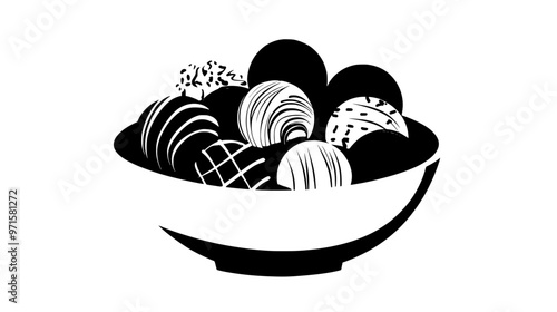 Bowl filled with mixed chocolate truffles, emphasizing range of fillings, vector illustration art