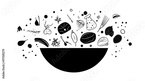 A bowl with a mix of different edible decorations, scattered over a kitchen counter, vector illustration art