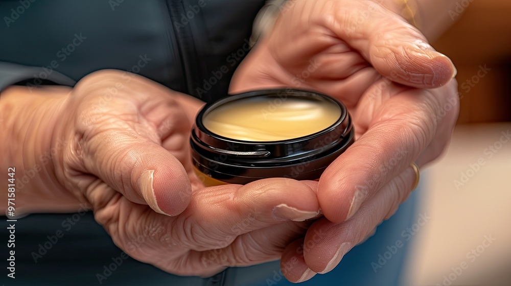 hands applying balm to skin, with the jar in focus and visible details on its lid hands applying balm to skin, with the jar in focus and visible details on its lid
