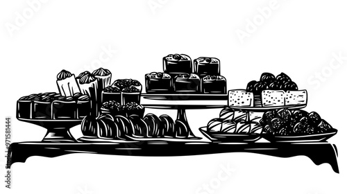 Candy bars arranged on a large table, ready for guests at a celebration, vector illustration art