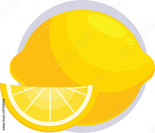 Bright yellow whole lemon with a single slice cut, revealing the juicy flesh inside