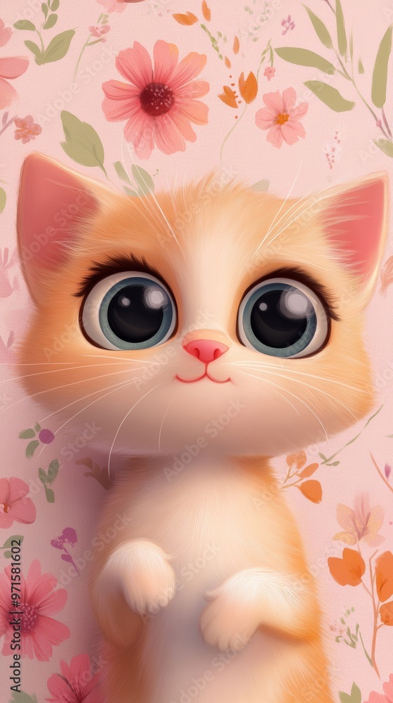 Adorable ginger kitten with big eyes posing on a floral background Adorable ginger kitten with big eyes posing on a floral background