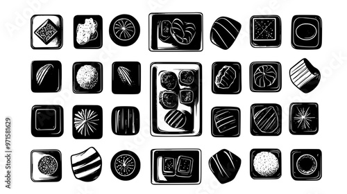 Chocolates in various personalized shapes arranged in a grid on a simple tray, vector illustration art