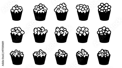 A clean display of caramel popcorn arranged into even groups without any other distractions visible, vector illustration art
