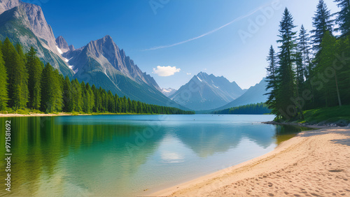 Idyllic Mountain Lake with Pine Trees and Clear Blue Sky – Stunning Natural Scenery