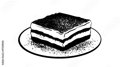 Close-up of a single tiramisu portion resting alone on a flat surface, vector illustration art