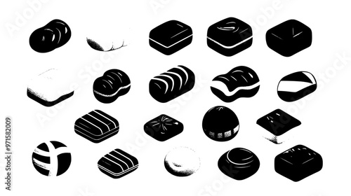 Collection of candies showcasing different shapes and flavors, organized symmetrically on a smooth surface, vector illustration art