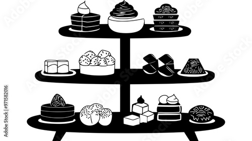 Collection of Asian sweets arranged on a multi-tiered serving stand, vector illustration art