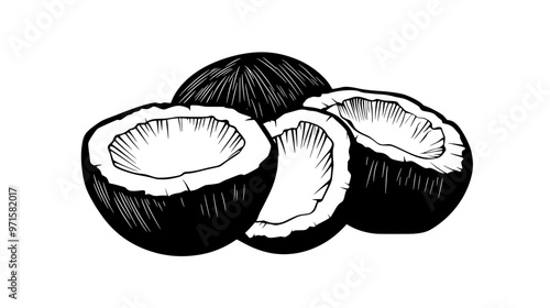 Coconut pieces, lightly toasted or raw, used to add texture and flavor to desserts, vector illustration art