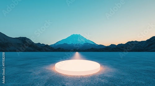 Success Begins with Action: A glowing start button in the center of a vast, empty landscape