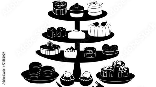 Collection of Asian sweets arranged on a multi-tiered serving stand, vector illustration art