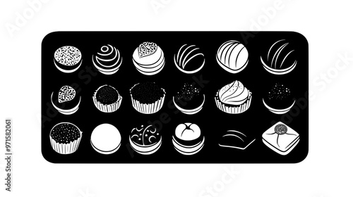 Collection of chocolates with fruit and nut fillings on a tray, vector illustration art