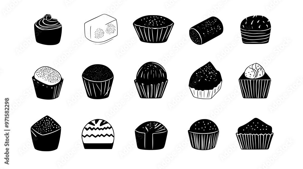 Sweets, each wrapped in special packaging, displayed in a decorative container, vector illustration art Sweets, each wrapped in special packaging, displayed in a decorative container, vector illustration art