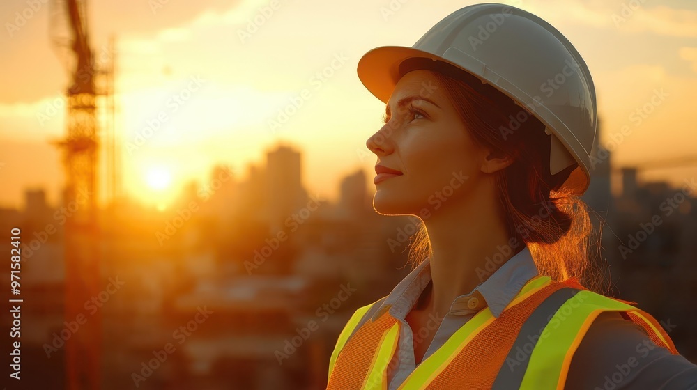 confident female engineer on construction site wearing hardhat and highvis vest warm sunset lighting urban skyline background symbol of women in stem and gender equality in workplace confident female engineer on construction site wearing hardhat and highvis vest warm sunset lighting urban skyline background symbol of women in stem and gender equality in workplace
