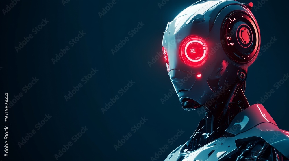 White and black robot staring with red lights in eyes White and black robot staring with red lights in eyes