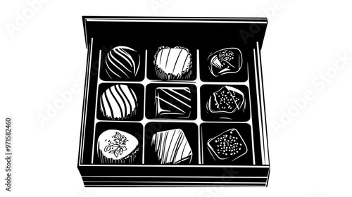 Custom flavor chocolates displayed in an open box, showcasing distinct shape and texture, vector illustration art