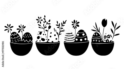 Decorative containers filled with egg-shaped sweets, organized for an Easter egg hunt, vector illustration art