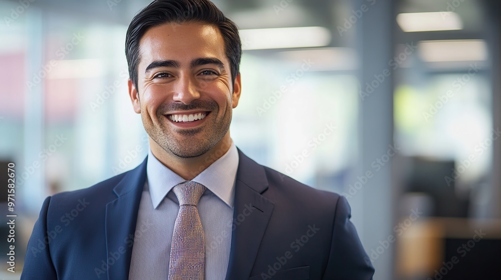 Young banker smiling, middle aged business man wearing suit and tie smiling cheerfully while looking at camera inside office Young banker smiling, middle aged business man wearing suit and tie smiling cheerfully while looking at camera inside office