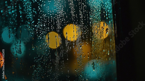   A rain-drenched window with yellow-green traffic lights behind and raindrops on its surface is shown in this close-up image