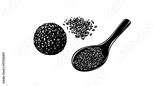 Filled truffle next to a small spoon of finely chopped nuts for decoration, vector illustration art