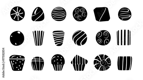 Flavored candies arranged into small groups, showing consistent spacing and unique shapes, vector illustration art