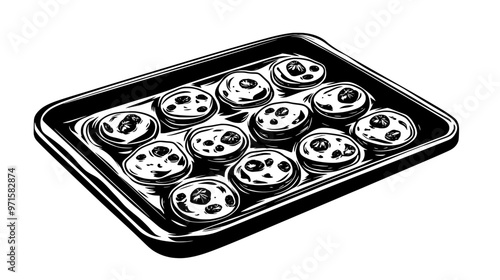 Fruit chips spread out in a thin, even layer across a rectangular baking sheet, vector illustration art