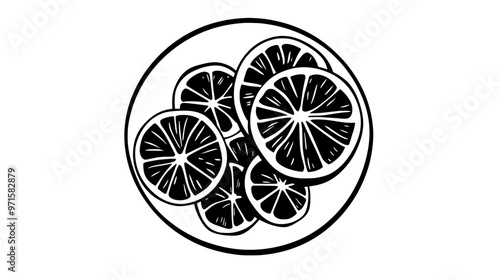 Fruit slices in syrup arranged symmetrically on a white dessert plate, vector illustration art