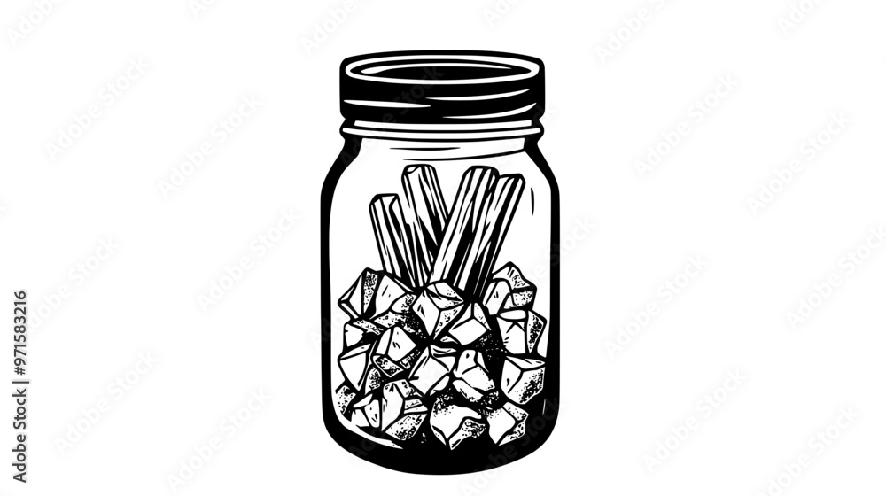 Jar filled with rock candy sticks, crystals visible through glass, vector illustration art Jar filled with rock candy sticks, crystals visible through glass, vector illustration art