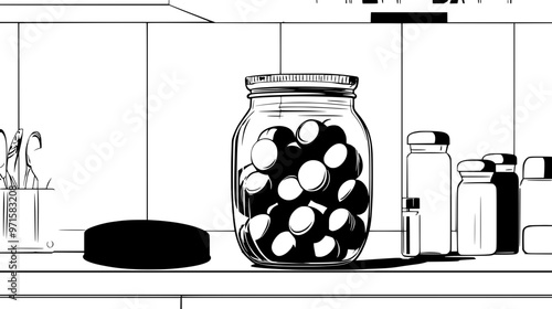 Jar filled with hard candies, lid beside it on a kitchen counter, vector illustration art