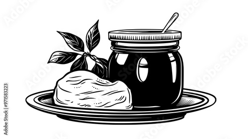 A jar of fruit compote with a twist-off lid, set next to a plate of yogurt, vector illustration art