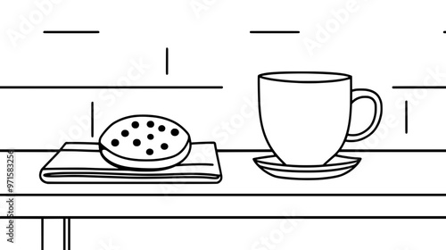 A kitchen counter featuring a single sugar-free cookie on a napkin next to a small cup, vector illustration art