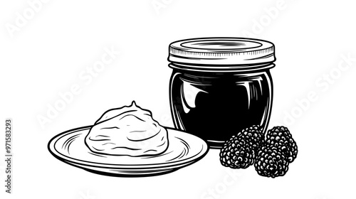 A jar of fruit compote with a twist-off lid, set next to a plate of yogurt, vector illustration art