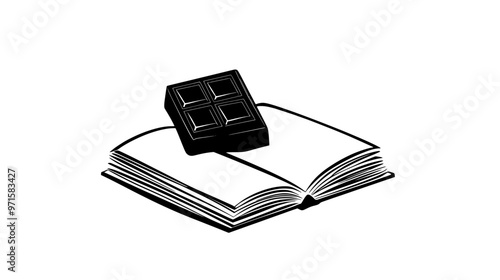 Milk chocolate piece next to an open recipe book, creating a culinary theme, vector illustration art