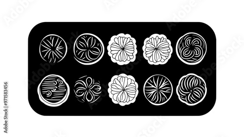 Mooncakes laid out in an organized grid formation on a rectangular dish, vector illustration art