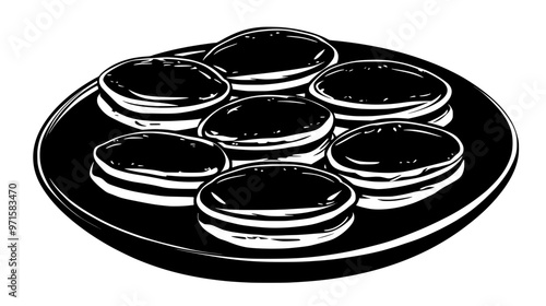 Multiple dorayaki pancakes arranged in a uniform circular formation on a round plate, vector illustration art
