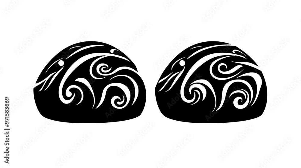 Pair of sweet rolls placed side by side with distinct swirled designs, vector illustration art Pair of sweet rolls placed side by side with distinct swirled designs, vector illustration art