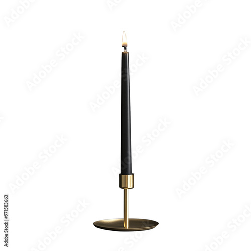 Black candle on gold stand isolated on transparent background representing modern home decor