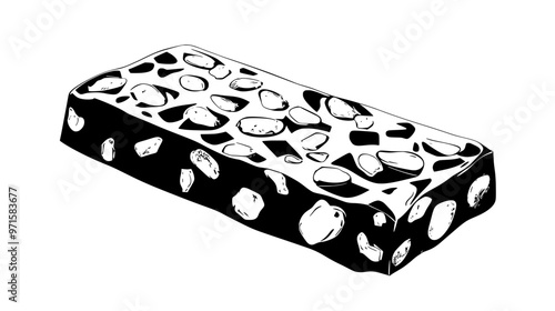 Piece of hard nougat displaying rigid texture and scattered nut pieces within its surface, vector illustration art