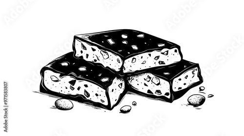 Soft nougat broken to reveal chewy interior with embedded nuts, vector illustration art