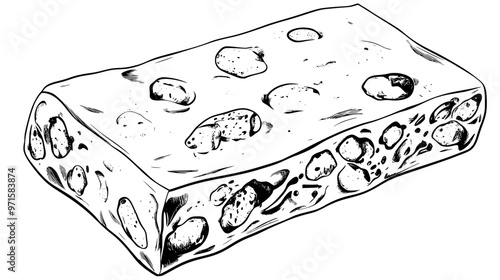 Rectangular nougat with visible nuts and porous texture, vector illustration art