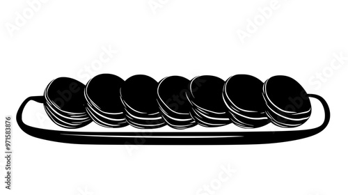 A rectangular plate displaying a line of dorayaki pancakes arranged in a row, vector illustration art