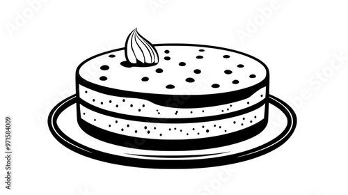Round sponge cake with light, porous texture on a platter, vector illustration art