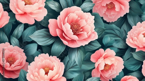 Floral pattern with pink peonies and dusty green leaves generative ai