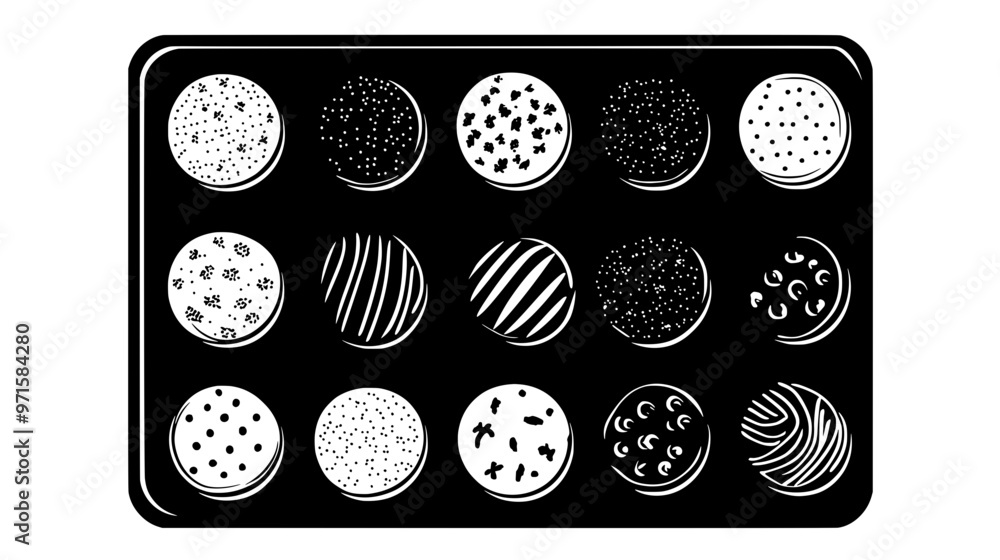 Set of iced cookies arranged in neat rows on a rectangular surface, vector illustration art Set of iced cookies arranged in neat rows on a rectangular surface, vector illustration art